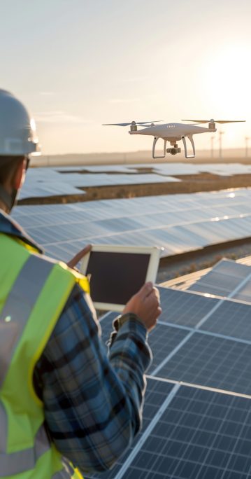 Worker guiding drone over solar panels, capturing thermal images, sunlight reflecting off panels Worker guiding drone over solar panels, capturing thermal images, sunlight reflecting off panels.
